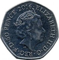 obverse of 50 Pence - Elizabeth II - 150th Anniversary of the Birth of Beatrix Potter - 5'th Portrait (2016) coin from United Kingdom. Inscription: ELIZABETH II · D · G · REG · F · D · 50 PENCE · 2016 JC