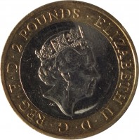 obverse of 2 Pounds - Elizabeth II - 100th Anniversary of the First World War: Royal Navy - 5'th Portrait (2015) coin from United Kingdom. Inscription: ELIZABETH · II · D · G · REG · F · D · TWO POUNDS · JC