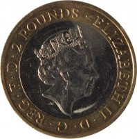 United Kingdom coin 2 Pounds - Elizabeth II - 100th Anniversary of the First World War: Royal Navy - 5'th Portrait (2015) obverse obverse of 2 Pounds - Elizabeth II - 100th Anniversary of the First World War: Royal Navy - 5'th Portrait (2015) coin from United Kingdom. Inscription: ELIZABETH · II · D · G · REG · F · D · TWO POUNDS · JC