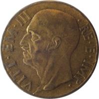 obverse of 10 Centesimi - Vittorio Emanuele III (1939 - 1943) coin with KM# 74a from Italy. Inscription: VITT · EM · III · RE · E · IMP ·