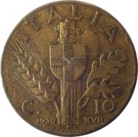 Italy coin 10 Centesimi - Vittorio Emanuele III (1939 - 1943) reverse reverse of 10 Centesimi - Vittorio Emanuele III (1939 - 1943) coin with KM# 74a from Italy. Inscription: ITALIA R C. 10 1940 XVIII G.ROMAGNOLI