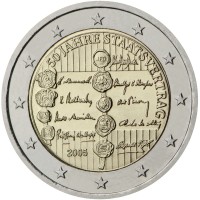 Austria coin 2 Euro - 50th anniversary of the Austrian State Treaty (2005) obverse obverse of 2 Euro - 50th anniversary of the Austrian State Treaty (2005) coin with KM# 3124 from Austria. Inscription: 50 JAHRE STAATSVERTRAG 2005