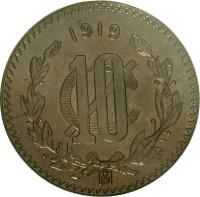 reverse of 10 Centavos (1919 - 1935) coin with KM# 430 from Mexico. Inscription: 1919 10 C Mo