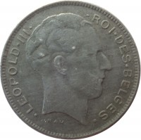 obverse of 5 Francs - Leopold III - French text (1941 - 1947) coin with KM# 129 from Belgium. Inscription: · LEOPOLD · III · · ROI · DES · BELGES. RAU