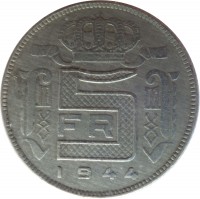 reverse of 5 Francs - Leopold III - French text (1941 - 1947) coin with KM# 129 from Belgium. Inscription: 5 FR 1944