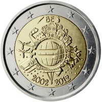 obverse of 2 Euro - Albert II - 10 Years of Euro Cash (2012) coin with KM# 315 from Belgium. Inscription: BE A.H. € 2002 2012