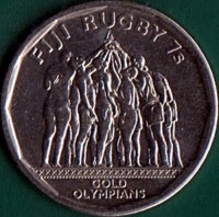 obverse of 50 Cents - Rugby 7's: Champions at the 2016 Olympic Games in Rio de Janeiro, Brazil (2017) coin with KM# 528 from Fiji. Inscription: FIJI RUGBY 7s GOLD OLYMPIANS