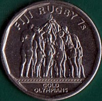 Fiji coin 50 Cents - Rugby 7's: Champions at the 2016 Olympic Games in Rio de Janeiro, Brazil (2017) obverse obverse of 50 Cents - Rugby 7's: Champions at the 2016 Olympic Games in Rio de Janeiro, Brazil (2017) coin with KM# 528 from Fiji. Inscription: FIJI RUGBY 7s GOLD OLYMPIANS