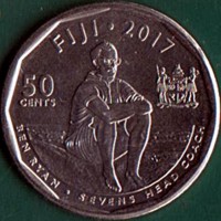 reverse of 50 Cents - Rugby 7's: Champions at the 2016 Olympic Games in Rio de Janeiro, Brazil (2017) coin with KM# 528 from Fiji. Inscription: FIJI . 2017 50 CENTS BEN RYAN SEVENS HEAD COACH
