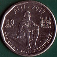 Fiji coin 50 Cents - Rugby 7's: Champions at the 2016 Olympic Games in Rio de Janeiro, Brazil (2017) reverse reverse of 50 Cents - Rugby 7's: Champions at the 2016 Olympic Games in Rio de Janeiro, Brazil (2017) coin with KM# 528 from Fiji. Inscription: FIJI . 2017 50 CENTS BEN RYAN SEVENS HEAD COACH