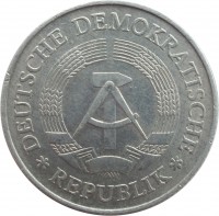 Germany coin 2 Mark (1972 - 1990) obverse obverse of 2 Mark (1972 - 1990) coin with KM# 48 from Germany. Inscription: DEUTSCHE DEMOKRATISCHE * REPUBLIK *