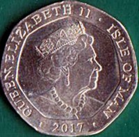 obverse of 20 Pence - Elizabeth II (2017) coin from Isle of Man. Inscription: QUEEN ELIZABETH II . ISLE OF MAN 2017