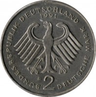 obverse of 2 Deutsche Mark - 40th Anniversary to Federal Republic: Franz Josef Strauss (1990 - 2001) coin with KM# 175 from Germany. Inscription: BUNDESREPUBLIK DEUTSCHLAND 1991 F 2 DEUTSCHE MARK