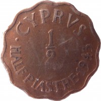 Cyprus coin 1/2 Piastre - George VI (1942 - 1945) reverse reverse of 1/2 Piastre - George VI (1942 - 1945) coin with KM# 22a from Cyprus. Inscription: · CYPRVS · HALF PIASTRE · 1943