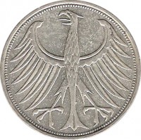 obverse of 5 Deutsche Mark (1951 - 1974) coin with KM# 112 from Germany.