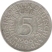 reverse of 5 Deutsche Mark (1951 - 1974) coin with KM# 112 from Germany. Inscription: BUNDESREPUBLIK DEUTSCHLAND DEUTSCHE MARK 5 *1970* G