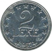 Albania coin 2 Lekë (1947 - 1957) reverse reverse of 2 Lekë (1947 - 1957) coin with KM# 37 from Albania. Inscription: 2 LEKË 1957