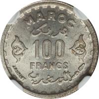 Morocco coin 100 Francs - Mohammed V (1951) reverse reverse of 100 Francs - Mohammed V (1951) coin with Y# A54 from Morocco. Inscription: MAROC فرنك 100 FRANCS المغرب J.HAINAUT