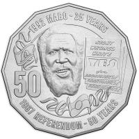 reverse of 50 Cents - Elizabeth II - 25 Years to Mabo Decision & 50 Years to 1967 Referendum (2017) coin from Australia. Inscription: 1992 MABO - 25 YEARS RIGHT WRONG RIGHT YES for ABORIGINIES! ABORIGINIES! ABORIGINIES! 50 1967 REFERENDUM - 50 YEARS