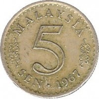Malaysia coin 5 Sen - Yang di-Pertuan Agong (1967 - 1988) reverse reverse of 5 Sen - Yang di-Pertuan Agong (1967 - 1988) coin with KM# 2 from Malaysia. Inscription: MALAYSIA 5 SEN · 1976