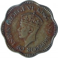 obverse of 2 Cents - George VI (1944) coin with KM# 117 from Ceylon. Inscription: · GEORGE VI KING AND EMPEROR OF INDIA