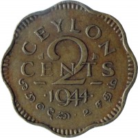 reverse of 2 Cents - George VI (1944) coin with KM# 117 from Ceylon. Inscription: CEYLON 2 CENTS · 1944 ·