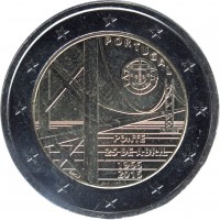 Portugal coin 2 Euro - The Fifty Years of 25th of April bridge (2016) obverse obverse of 2 Euro - The Fifty Years of 25th of April bridge (2016) coin with KM# 866 from Portugal. Inscription: PORTUGAL PONTE 25 DE ABRIL 1966 2016 INCM JOSÉ AURÉLIO