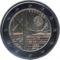 obverse of 2 Euro - The Fifty Years of 25th of April bridge (2016) coin with KM# 866 from Portugal. Inscription: PORTUGAL PONTE 25 DE ABRIL 1966 2016 INCM JOSÉ AURÉLIO