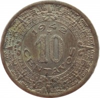 Mexico coin 10 Centavos (1936 - 1946) reverse reverse of 10 Centavos (1936 - 1946) coin with KM# 432 from Mexico. Inscription: 1942 M 10 CENTAVOS