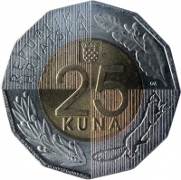 Croatia coin 25 Kuna - 25th Anniversary of Independence of the Republic of Croatia (2016) reverse reverse of 25 Kuna - 25th Anniversary of Independence of the Republic of Croatia (2016) coin with KM# 111 from Croatia. Inscription: 25TH ANNIVERSARY OF INDEPENDENCE OF THE REPUBLIC OF CROATIA REPUBLIKA HRVATSKA 25 KUNA DM 25TH ANNIVERSARY OF INDEPENDENCE