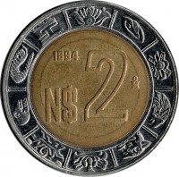 reverse of 2 Nuevos Pesos (1992 - 1995) coin with KM# 551 from Mexico. Inscription: N$2 1992 Mo