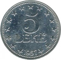 Albania coin 5 Lek (1947 - 1957) reverse reverse of 5 Lek (1947 - 1957) coin with KM# 38 from Albania. Inscription: 5 LEKË 1957