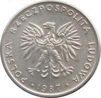 Poland coin 20 Złotych - Larger (1984 - 1988) obverse obverse of 20 Złotych - Larger (1984 - 1988) coin with Y# 153.1 from Poland. Inscription: POLSKA RZECZPOSPOLITA LUDOWA · 1986 ·