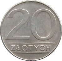 Poland coin 20 Złotych - Larger (1984 - 1988) reverse reverse of 20 Złotych - Larger (1984 - 1988) coin with Y# 153.1 from Poland. Inscription: 20 ZŁOTYCH