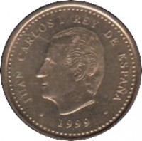 obverse of 100 Pesetas - Juan Carlos I - Year of Older Persons (1999) coin with KM# 1006 from Spain. Inscription: JUAN CARLOS I REY DE ESPAÑA · 1999 ·