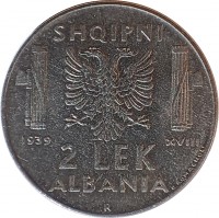 reverse of 2 Lek - Vittorio Emanuele III (1939 - 1941) coin with KM# 32 from Albania. Inscription: SHQIPNI 1939 XVIII 2 LEK ALBANIA R
