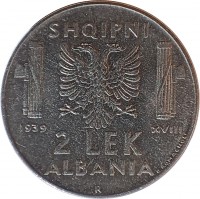 Albania coin 2 Lek - Vittorio Emanuele III (1939 - 1941) reverse reverse of 2 Lek - Vittorio Emanuele III (1939 - 1941) coin with KM# 32 from Albania. Inscription: SHQIPNI 1939 XVIII 2 LEK ALBANIA R