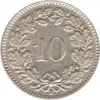 reverse of 10 Rappen (1932 - 1939) coin with KM# 27b from Switzerland. Inscription: 10 B