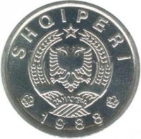 obverse of 10 Qindarka (1988) coin with KM# 60 from Albania. Inscription: SHQIPERI 24MAJ1944 1988