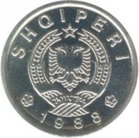 Albania coin 10 Qindarka (1988) obverse obverse of 10 Qindarka (1988) coin with KM# 60 from Albania. Inscription: SHQIPERI 24MAJ1944 1988