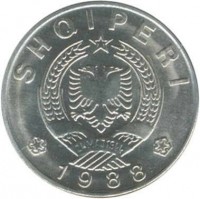 Albania coin 1 Lek (1988) obverse obverse of 1 Lek (1988) coin with KM# 74 from Albania. Inscription: SHQIPERI 24MAJ1944 1988