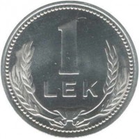 reverse of 1 Lek (1988) coin with KM# 74 from Albania. Inscription: 1 LEK