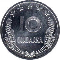 Albania coin 10 Qindarka - 25th Anniversary of Liberationin WWII (1969) reverse reverse of 10 Qindarka - 25th Anniversary of Liberationin WWII (1969) coin with KM# 45 from Albania. Inscription: 10 QINDARKA