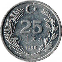 Turkey coin 25 Lira (1985 - 1989) reverse reverse of 25 Lira (1985 - 1989) coin with KM# 975 from Turkey. Inscription: 25 LIRA 1988