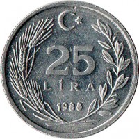 reverse of 25 Lira (1985 - 1989) coin with KM# 975 from Turkey. Inscription: 25 LIRA 1988