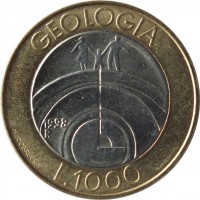 San Marino coin 1000 Lire - Geology (1998) reverse reverse of 1000 Lire - Geology (1998) coin with KM# 384 from San Marino. Inscription: GEOLOGIA 1998 R M. DOBRUCKA L. 1000 FRAPICCINI INC.