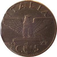 reverse of 5 Centesimi - Vittorio Emanuele III (1939 - 1943) coin with KM# 73a from Italy. Inscription: ITALIA 1942 R XX C. 5 G. ROMAGNOLI
