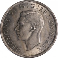 obverse of 1/2 Crown - George VI - Without IND:IMP (1949 - 1952) coin with KM# 879 from United Kingdom. Inscription: GEORGIVS VI D: G: BR: OMN: REX