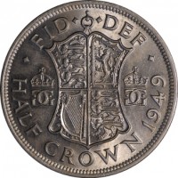 United Kingdom coin 1/2 Crown - George VI - Without IND:IMP (1949 - 1952) reverse reverse of 1/2 Crown - George VI - Without IND:IMP (1949 - 1952) coin with KM# 879 from United Kingdom. Inscription: · FID · · DEF · GG GG K G HALF CROWN 1950