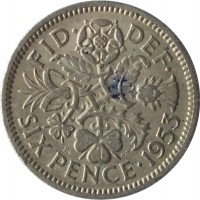 United Kingdom coin 6 Pence - Elizabeth II - With BRITT:OMN; 1'st Portrait (1953) reverse reverse of 6 Pence - Elizabeth II - With BRITT:OMN; 1'st Portrait (1953) coin with KM# 889 from United Kingdom. Inscription: FID · DEF · SIX PENCE 1953 E.F C.T